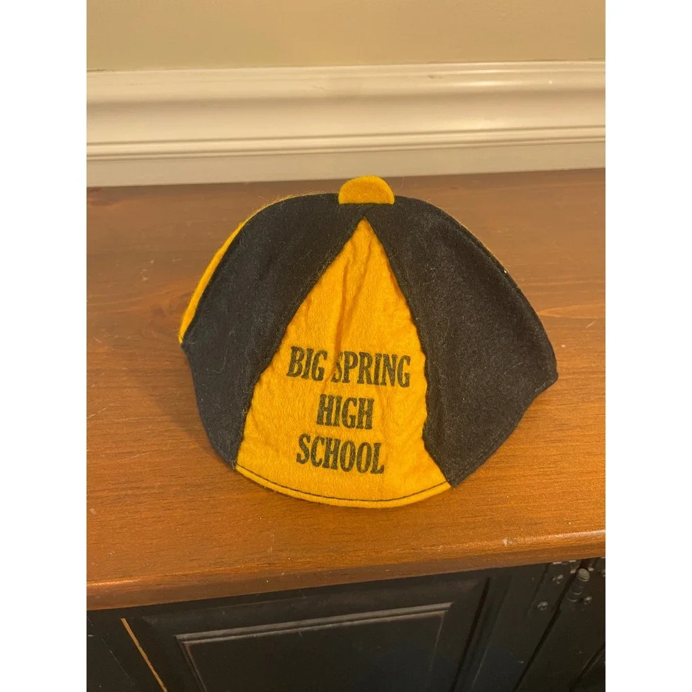 Vintage Big Spring High School Felt Beanie Cap Hat Black Yellow School Spirit